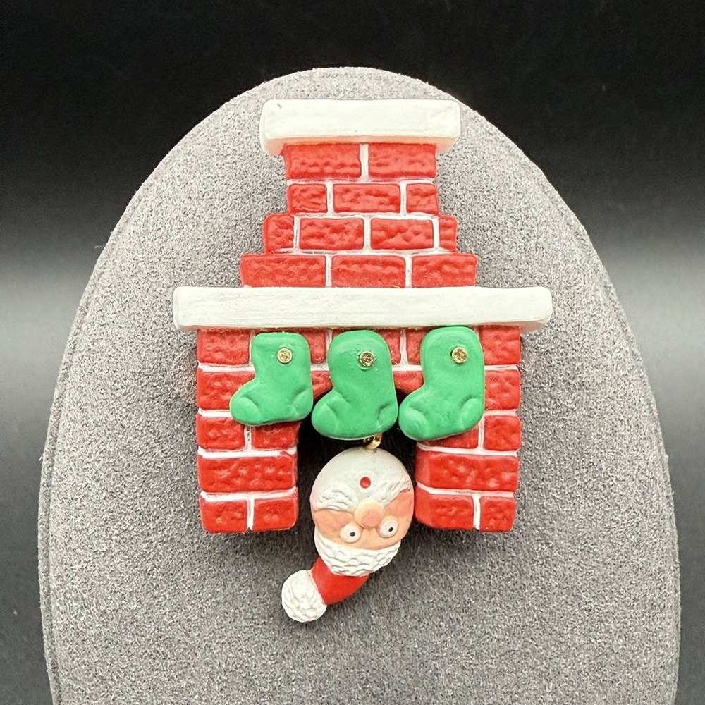 Vintage Hallmark Christmas Brooch Dangling Santa Chimney Holiday Party Pin 2in